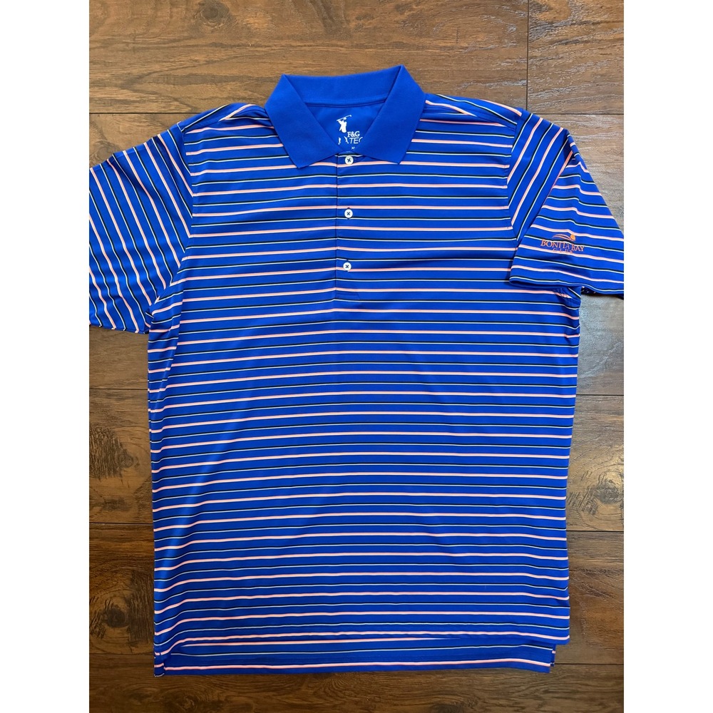 F&G Tech Mens XL Blue Striped Golf Polo Shirt‎ Bonita Bay Club Short Sleeve